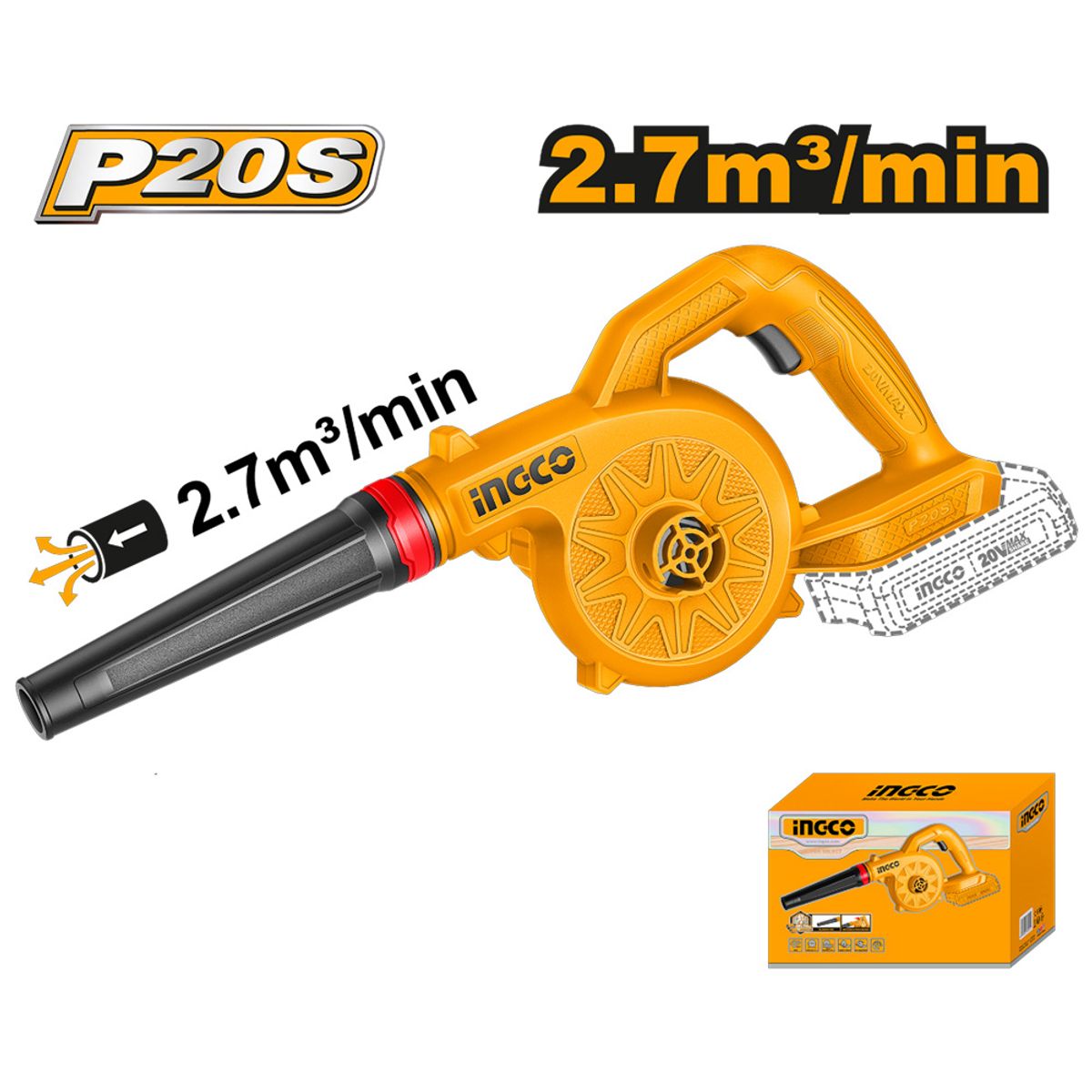SOPLADORA INALÁMBRICA INGCO 20V 2.7 M³/MIN CABLI2078, marca INGCO TOOLS - Foto Principal