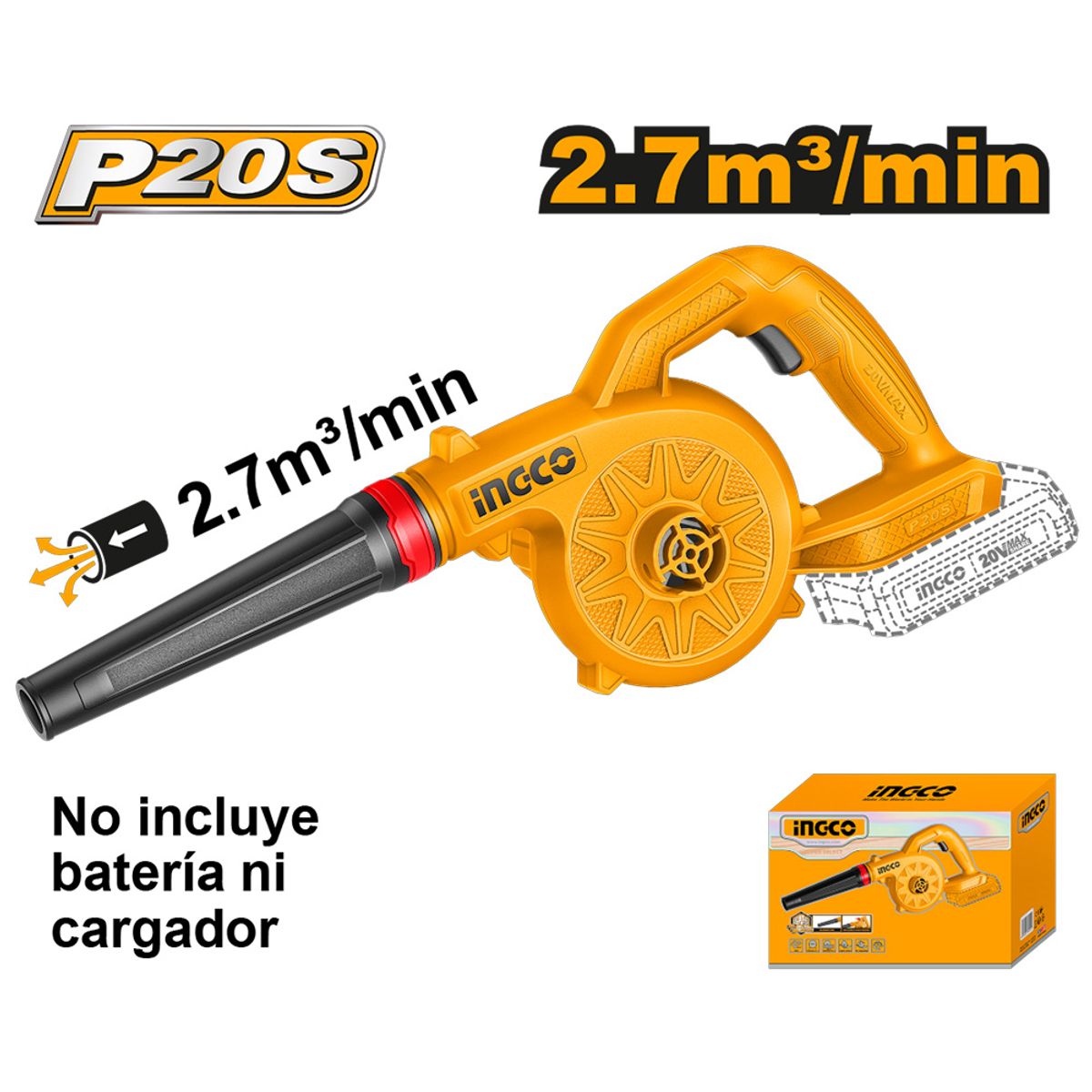 SOPLADORA INALÁMBRICA INGCO 20V 2.7 M³/MIN CABLI2078, marca INGCO TOOLS - Foto 2