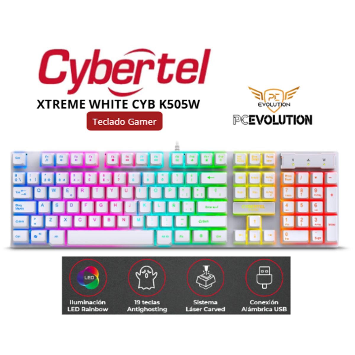 CYBERTEL - Teclado Gamer CYBERTEL XTREME WHITE CYB K505W LED RAINBOW