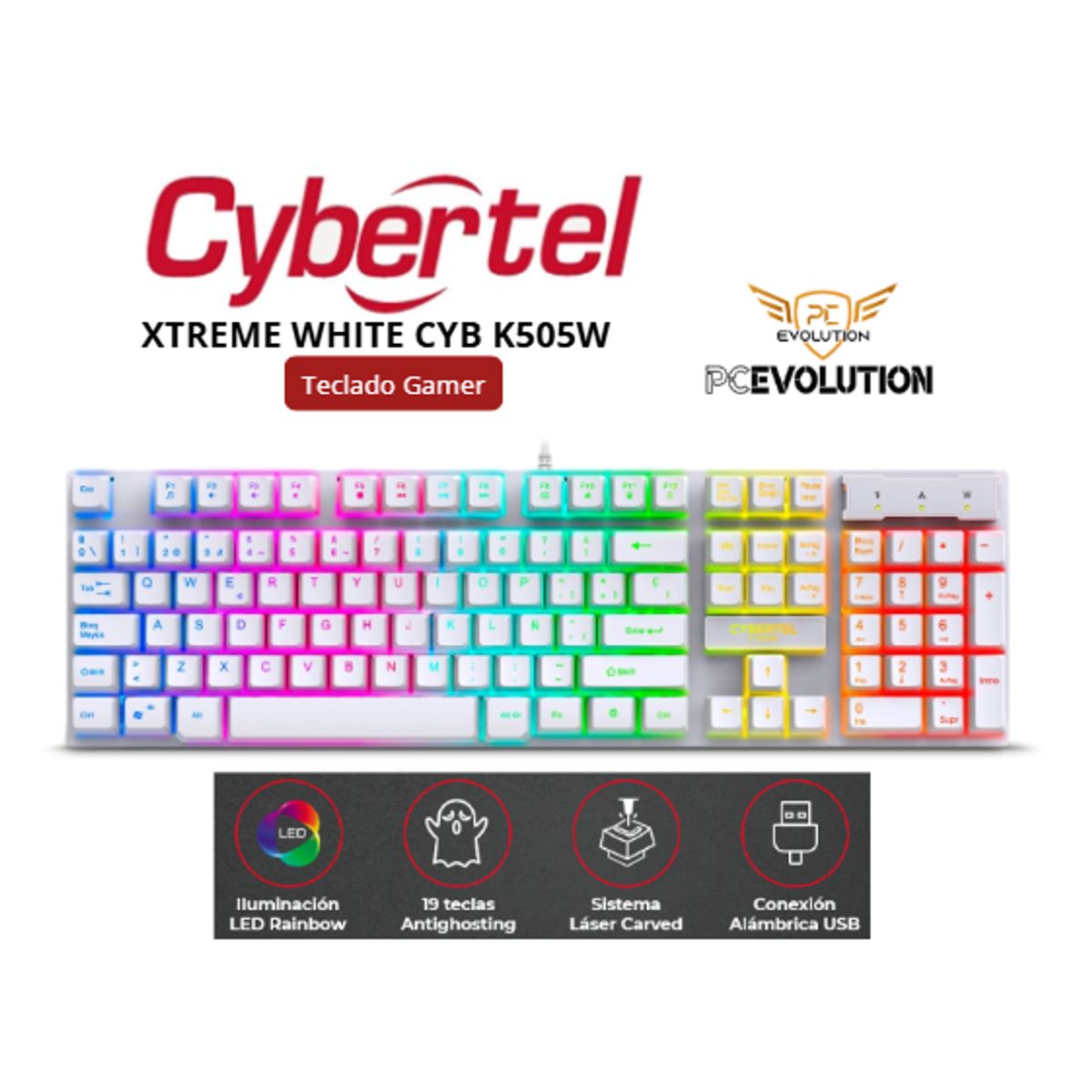 CYBERTEL - Teclado Gamer CYBERTEL XTREME WHITE CYB K505W LED RAINBOW