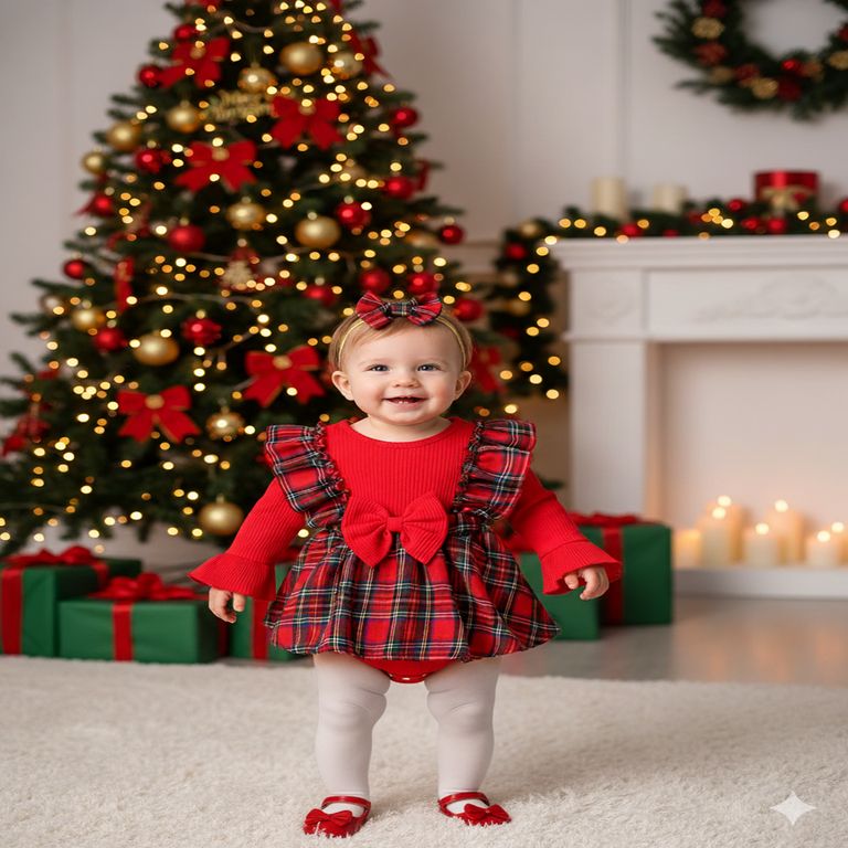 Vestido De Navidad Para Bebé Niña – 4 Piezas Con Leggings, Zapatos Y Diadema, Rojo, Algodón Suave, Ideal Para Fotos Y Fiestas