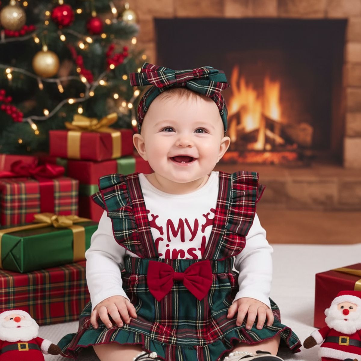 GENERICO - VESTIDO PARA NIÑA BEBE DE NAVIDAD +BODDY + LAZO