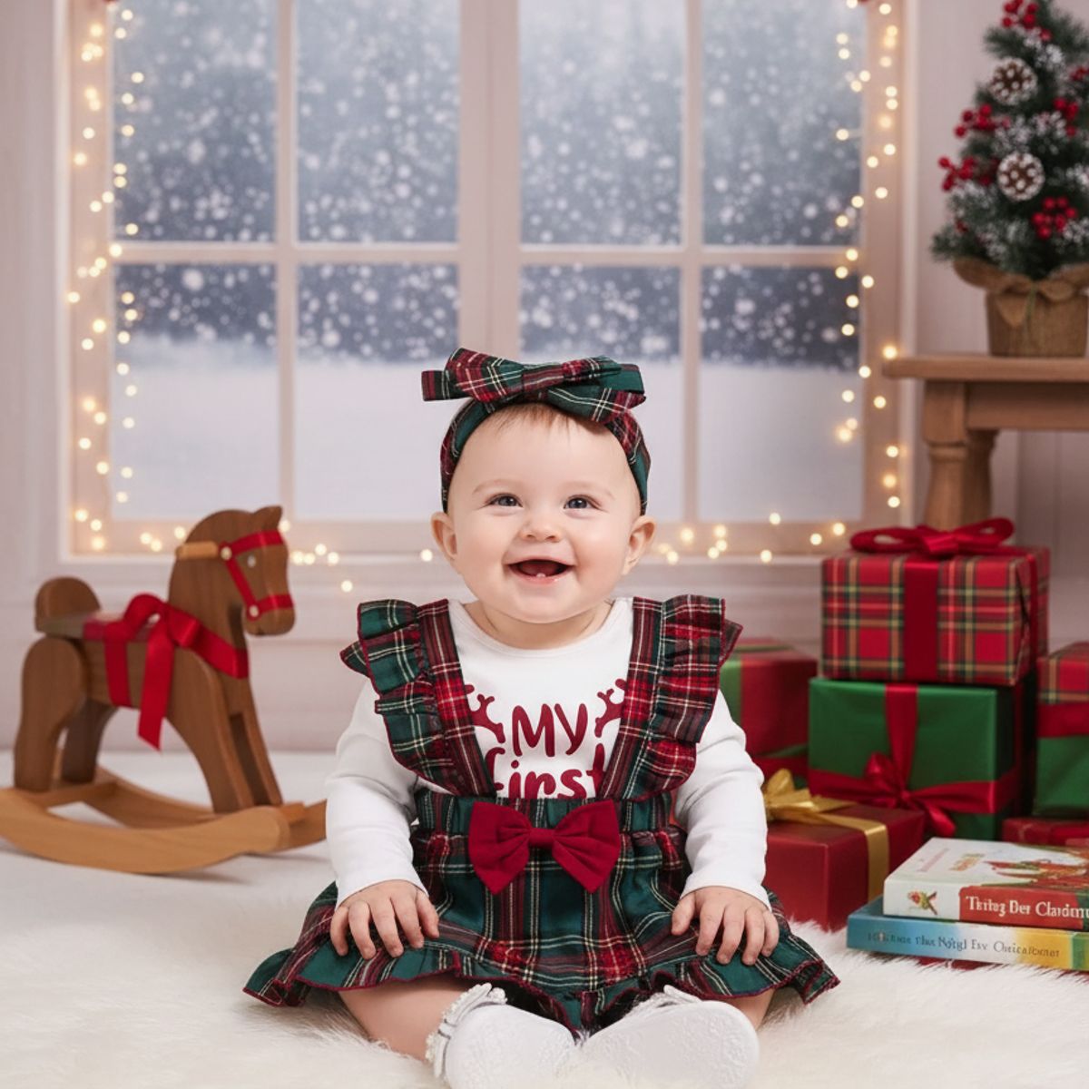 GENERICO - VESTIDO PARA NIÑA BEBE DE NAVIDAD +BODDY + LAZO