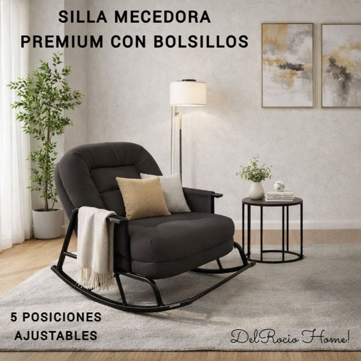 GENERICO - SILLA MECEDORA SOFÁ RECLINABLE SILLÓN PLEGABLE TERRAZA JARDÍN SALA PREMIUM NEGRO