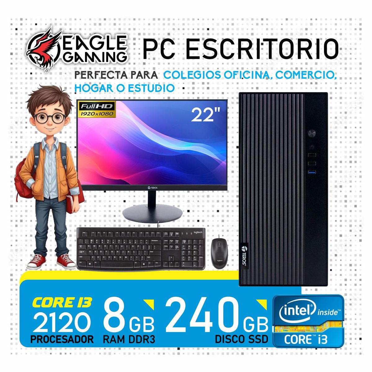 INTEL - Computadora pc intel core i3 2120 monitor 22 ram 8gb ssd solido 240 gb
