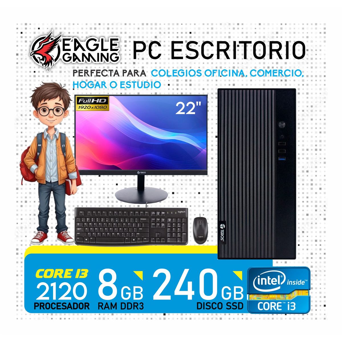 INTEL - Computadora pc intel core i3 2120 monitor 22 ram 8gb ssd solido 240 gb
