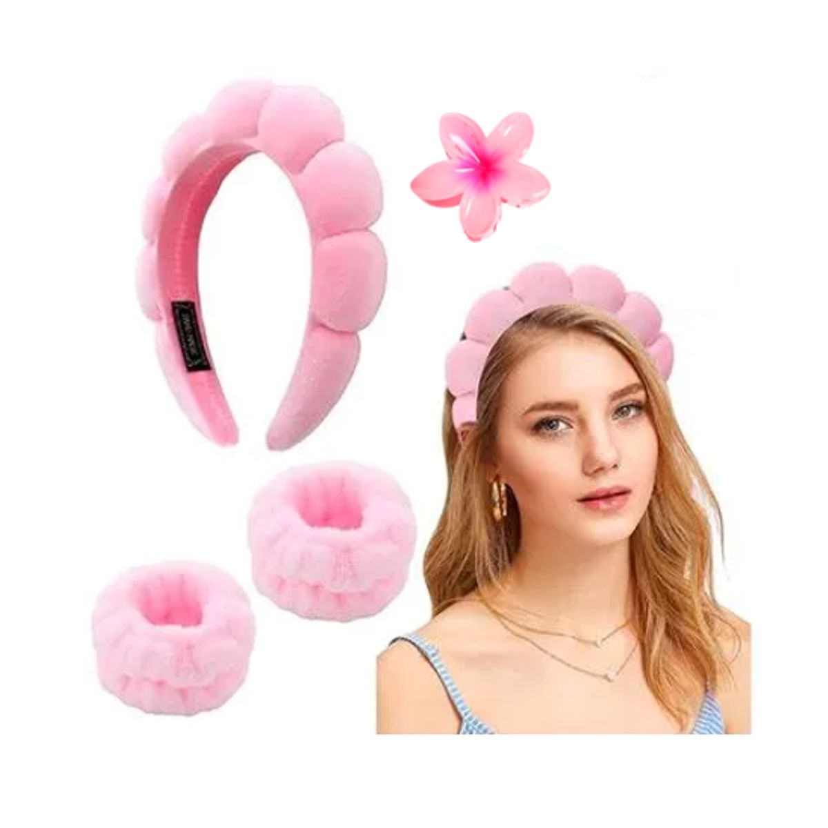 GENERICO - KIT VINCHA SKINCARE + MUÑEQUERAS SKINCARE+GANCHO DE REGALO ROSADO