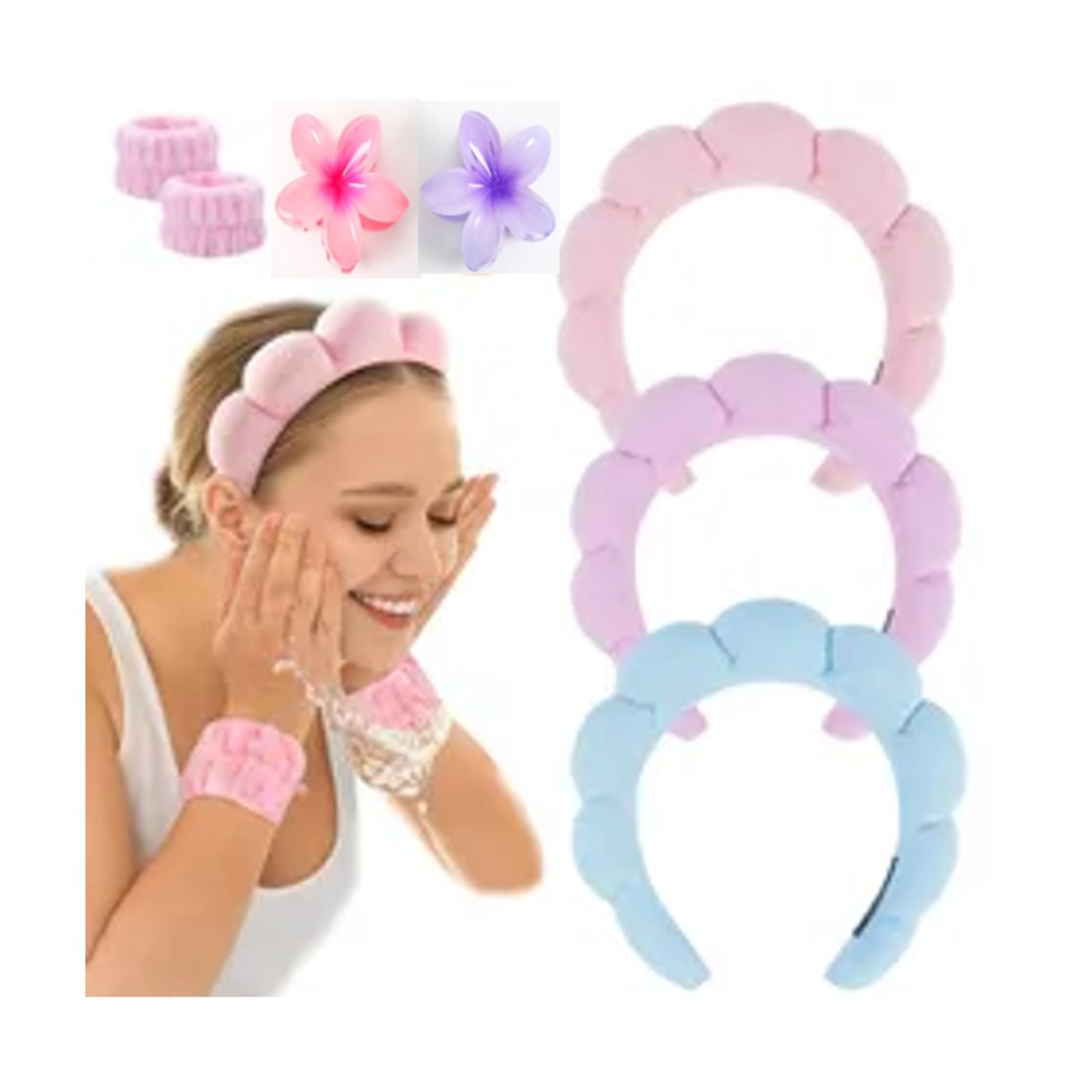 GENERICO - KIT VINCHA SKINCARE + MUÑEQUERAS SKINCARE+GANCHO DE REGALO ROSADO