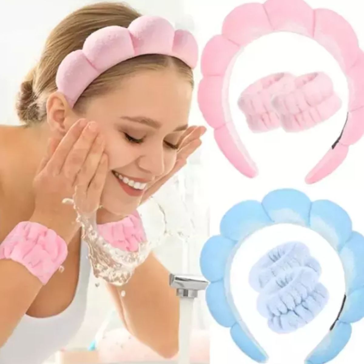 GENERICO - KIT VINCHA SKINCARE + MUÑEQUERAS SKINCARE+GANCHO DE REGALO LILA