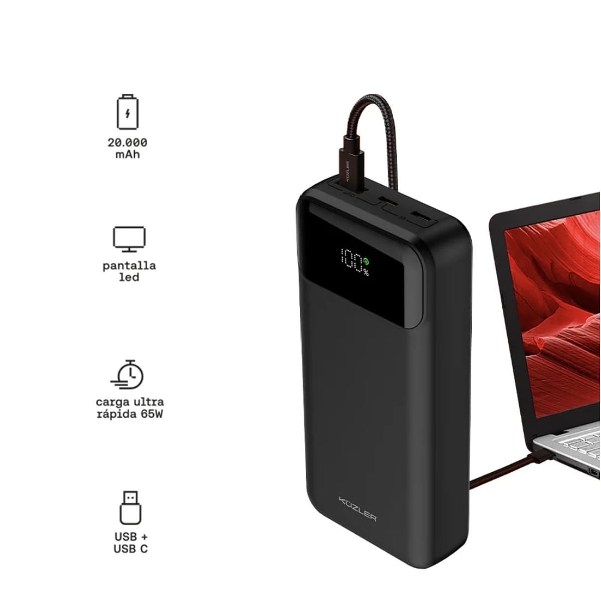 KUZLER - Powerbank KüZLER VELIOX-101 20000mAh 65W  Carga Ultra Rápida para Laptop y Celular