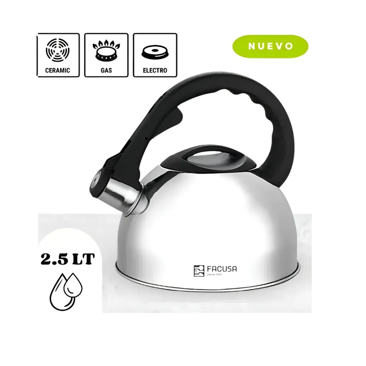 PREMIUM - Tetera Acero Inoxidable Facusa de 2.5 litros con Silbador