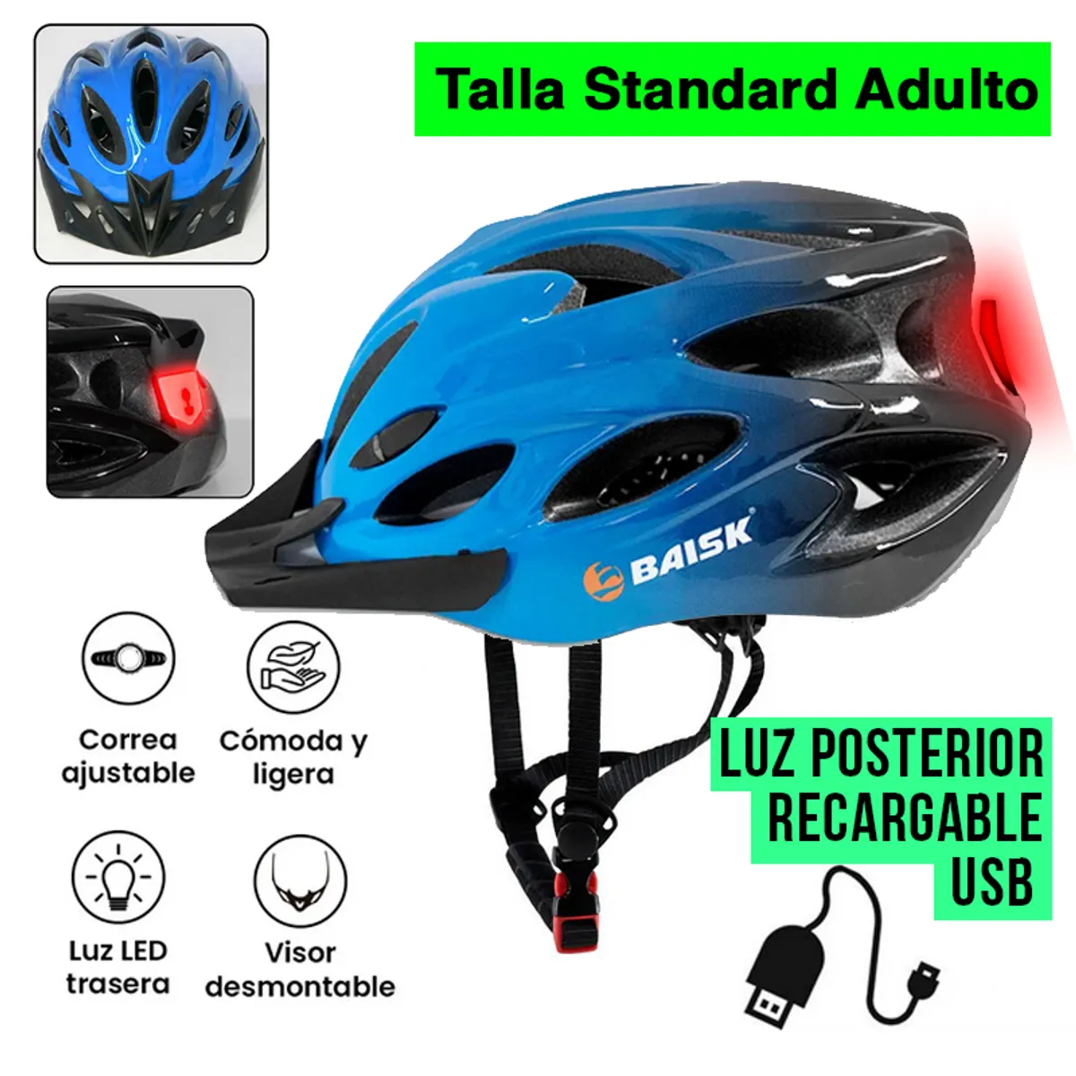 GENERICO - Casco para Bicicleta con Luz Recargable USB Ciclismo - Azul
