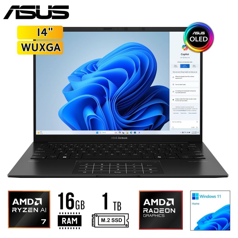 ASUS - LAPTOP Asus Zenbook 14, LED 14" WUXGA OLED, Ryzen AI 7 350 2.0/5.0 GHz 16GB LPDDR5x 1TB SSD W11