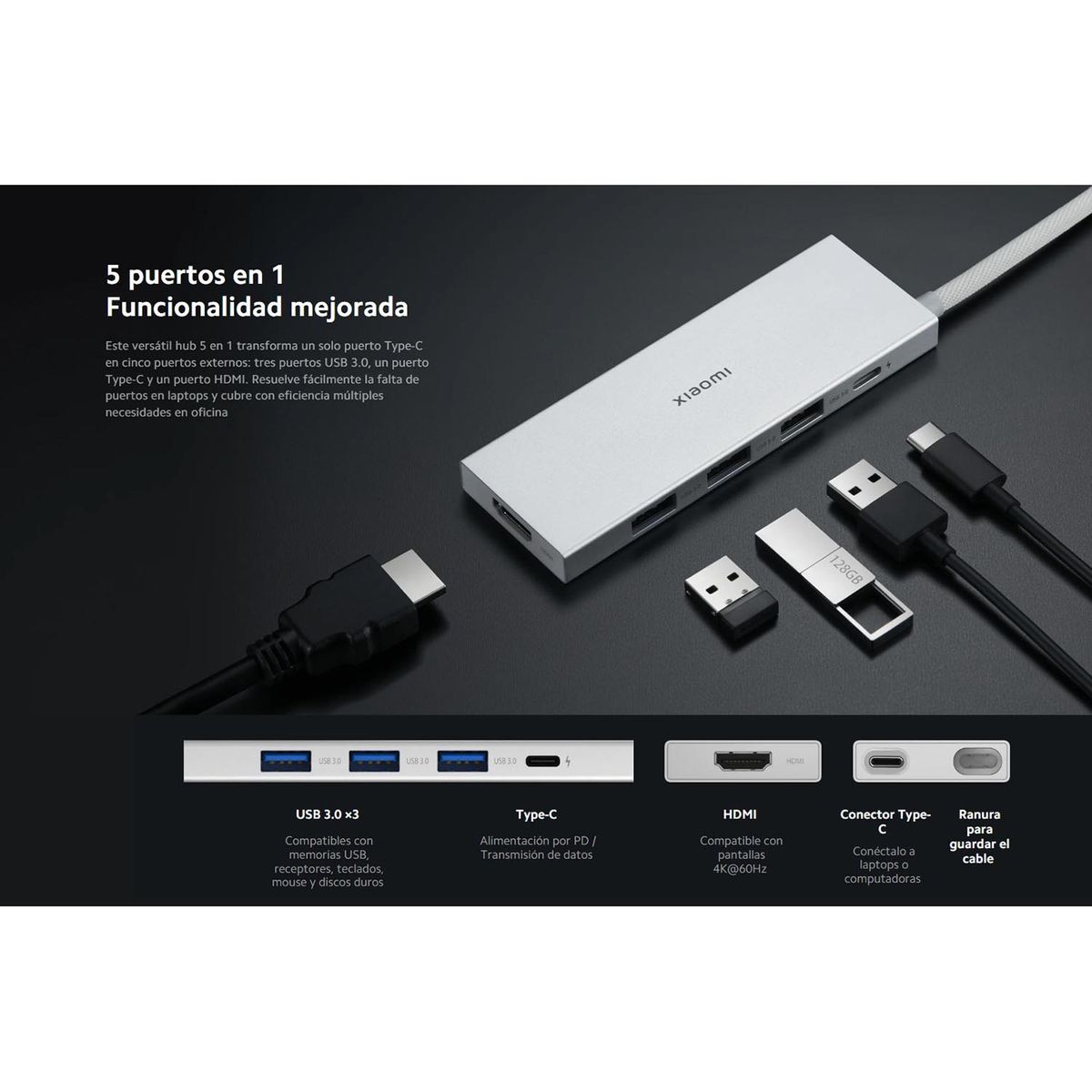 XIAOMI - Hub Adaptador Xiaomi Tipo C a USB-C USB 30 HDMI 4K Tranferencia 450MBs