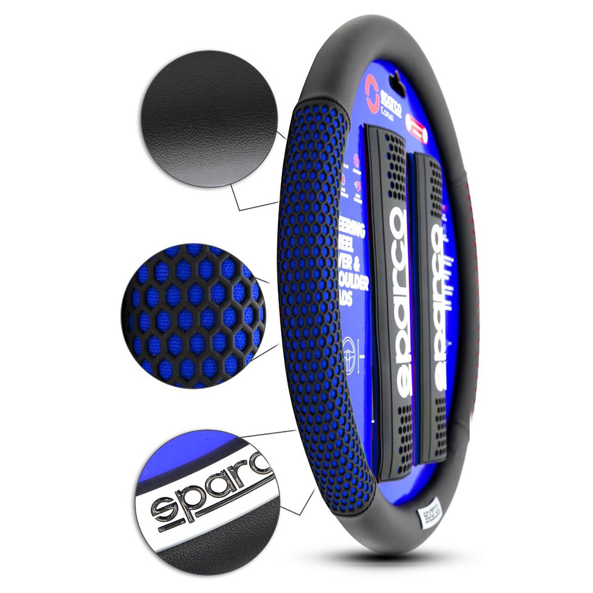 GENERICO - Kit Forro De Timón Sparco + Almohadillas Para Cinturón De Seguridad Con Detalles En Color Azul