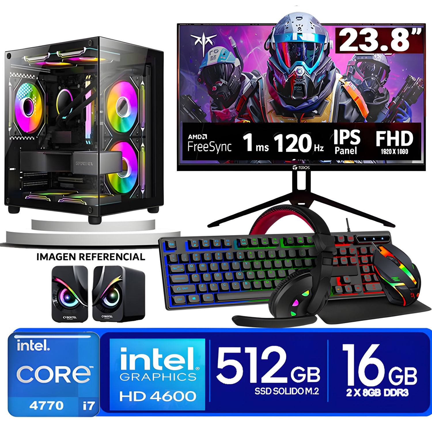 Computadora Pc Intel Core i7 4770  Monitor 24 fhd' RAM 16 GB SSD 500 GB PARLANTES
