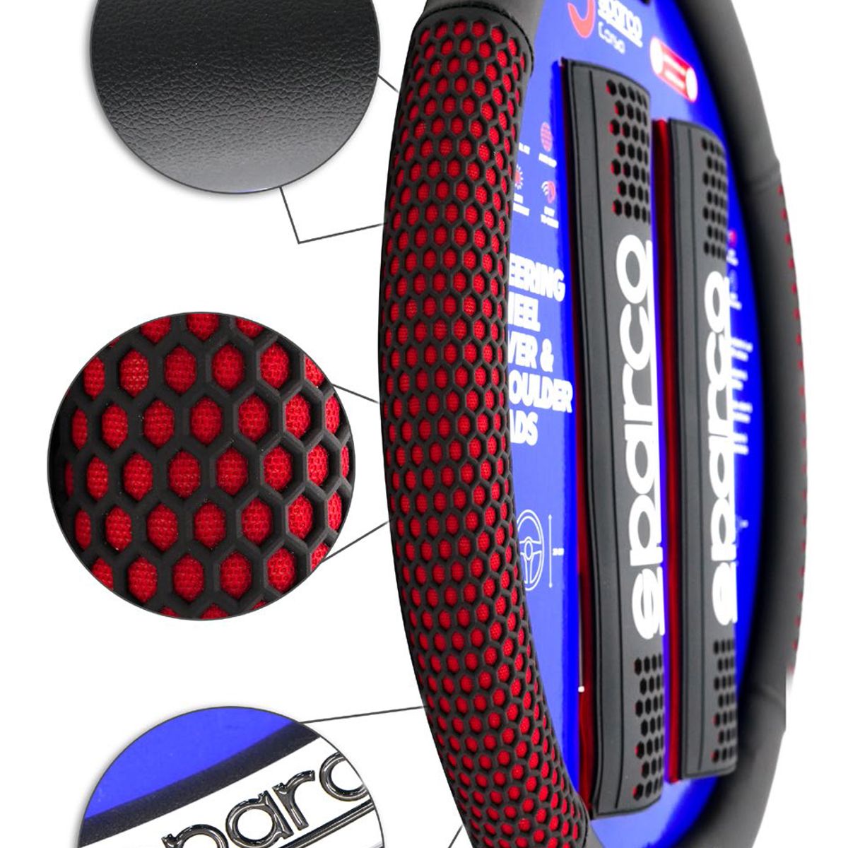 GENERICO - Kit Forro De Timón Sparco + Almohadillas Para Cinturón De Seguridad Con Detalles En Color Rojo