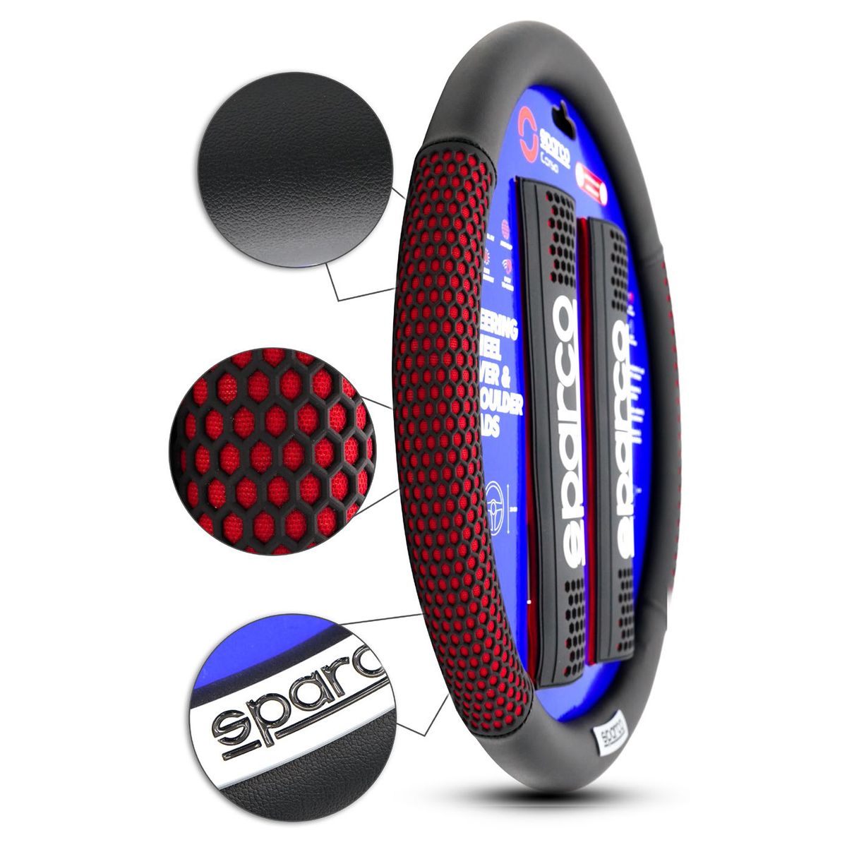 GENERICO - Kit Forro De Timón Sparco + Almohadillas Para Cinturón De Seguridad Con Detalles En Color Rojo