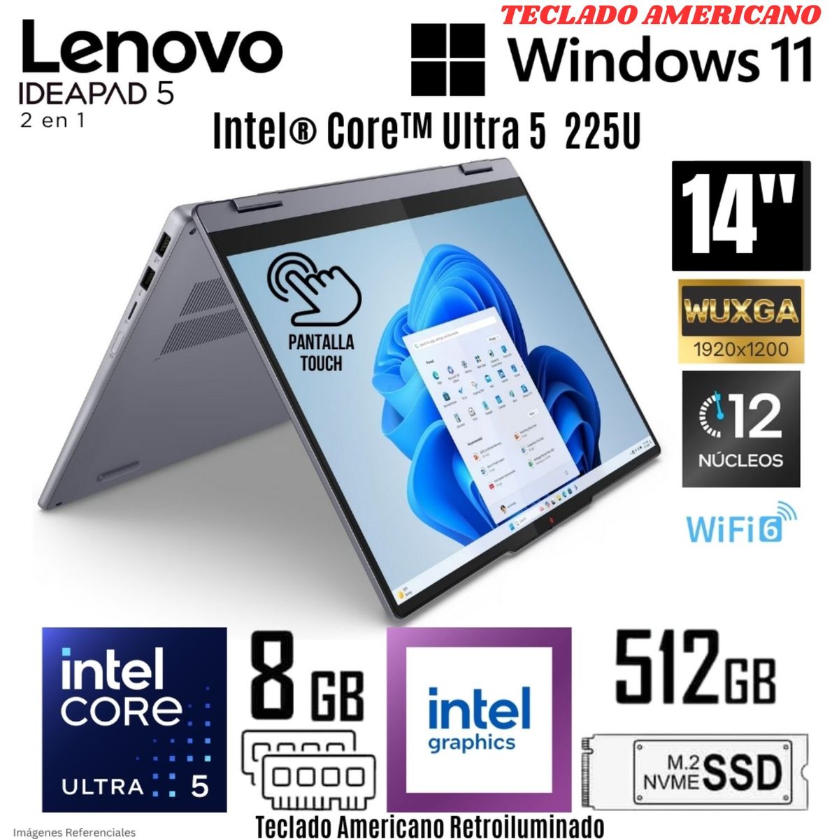 LENOVO - Laptop Lenovo IdeaPad 5 2 en 1 Intel Ultra 5 225U 8GB RAM 512GB SSD 14"  WUXGA Touch