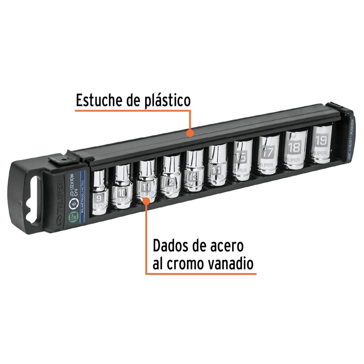 TRUPER - Juego de 10 dados cuadro 1/2" mm, Truper