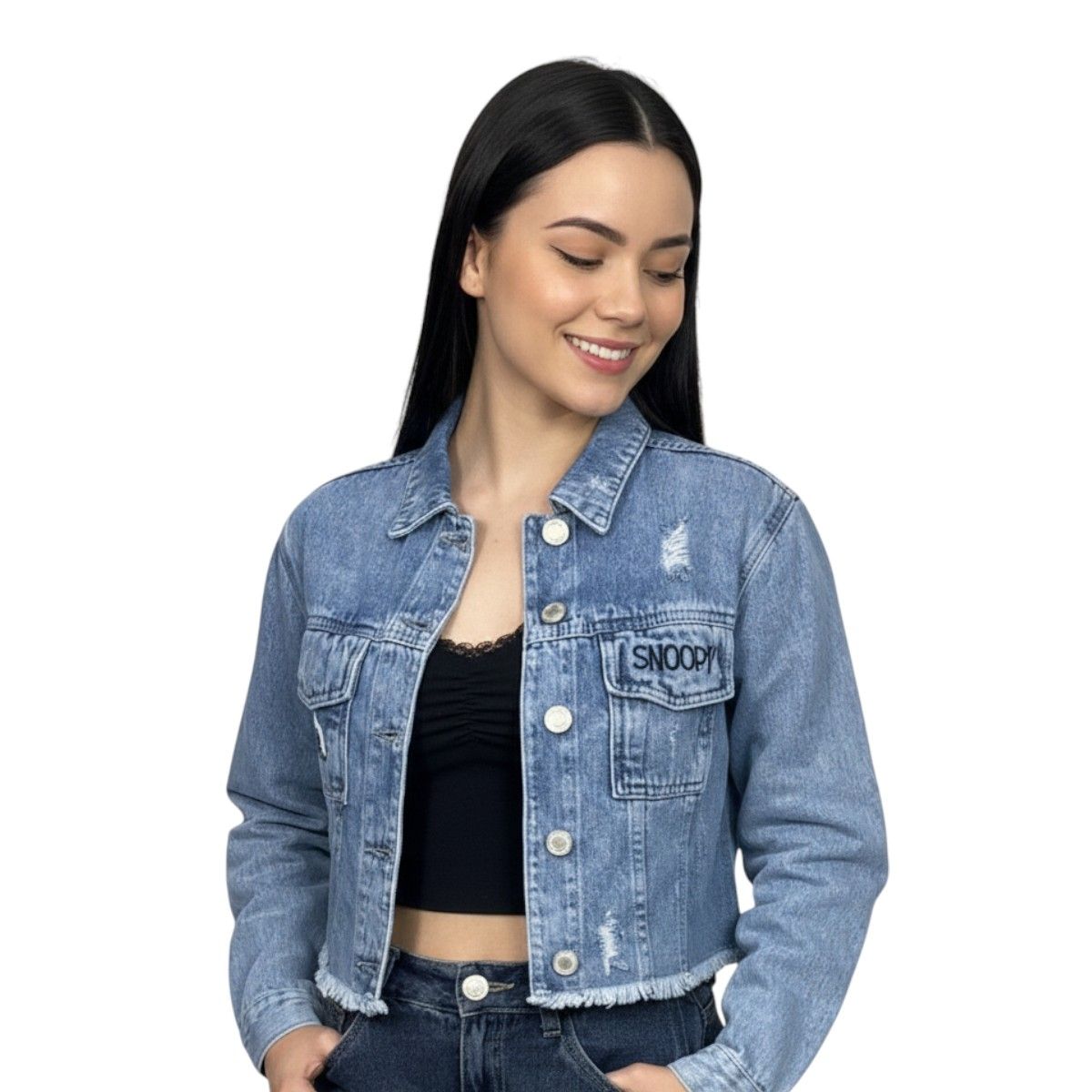 SPECTRUM - Casaca Crop Denim Snoopy Mujer Celeste Denim