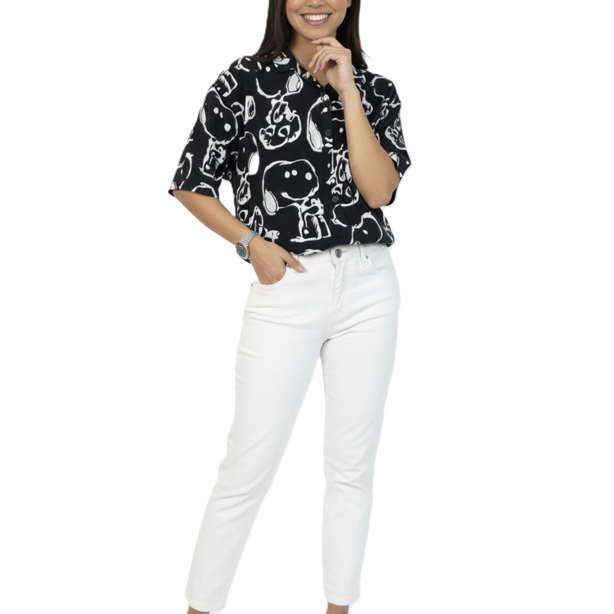 SPECTRUM - Blusa Manga Corta Snoopy Mujer Negro Chalis