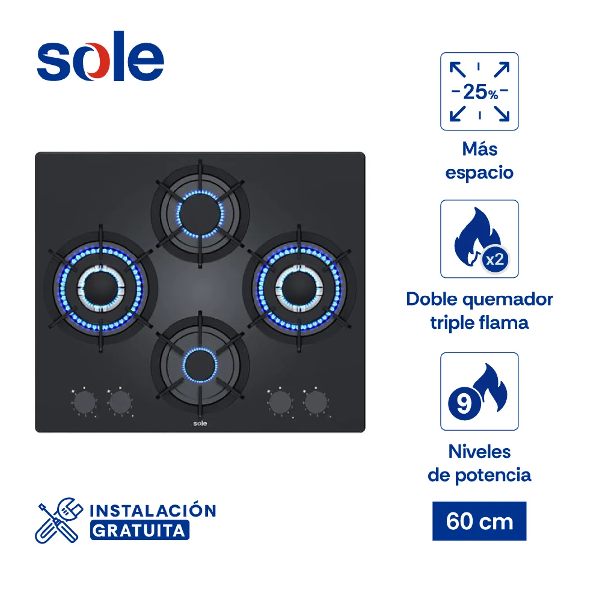 SOLE - Encimera Rubí Pro Sole Vidrio Templado A Gas 60 Cm 4 Hornillas