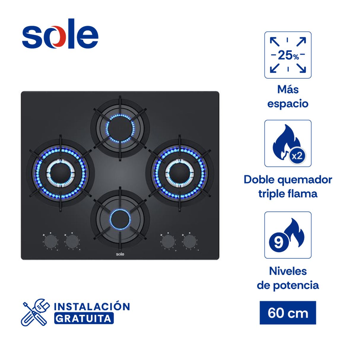 SOLE - Encimera Rubí Pro Sole Vidrio Templado A Gas 60 Cm 4 Hornillas