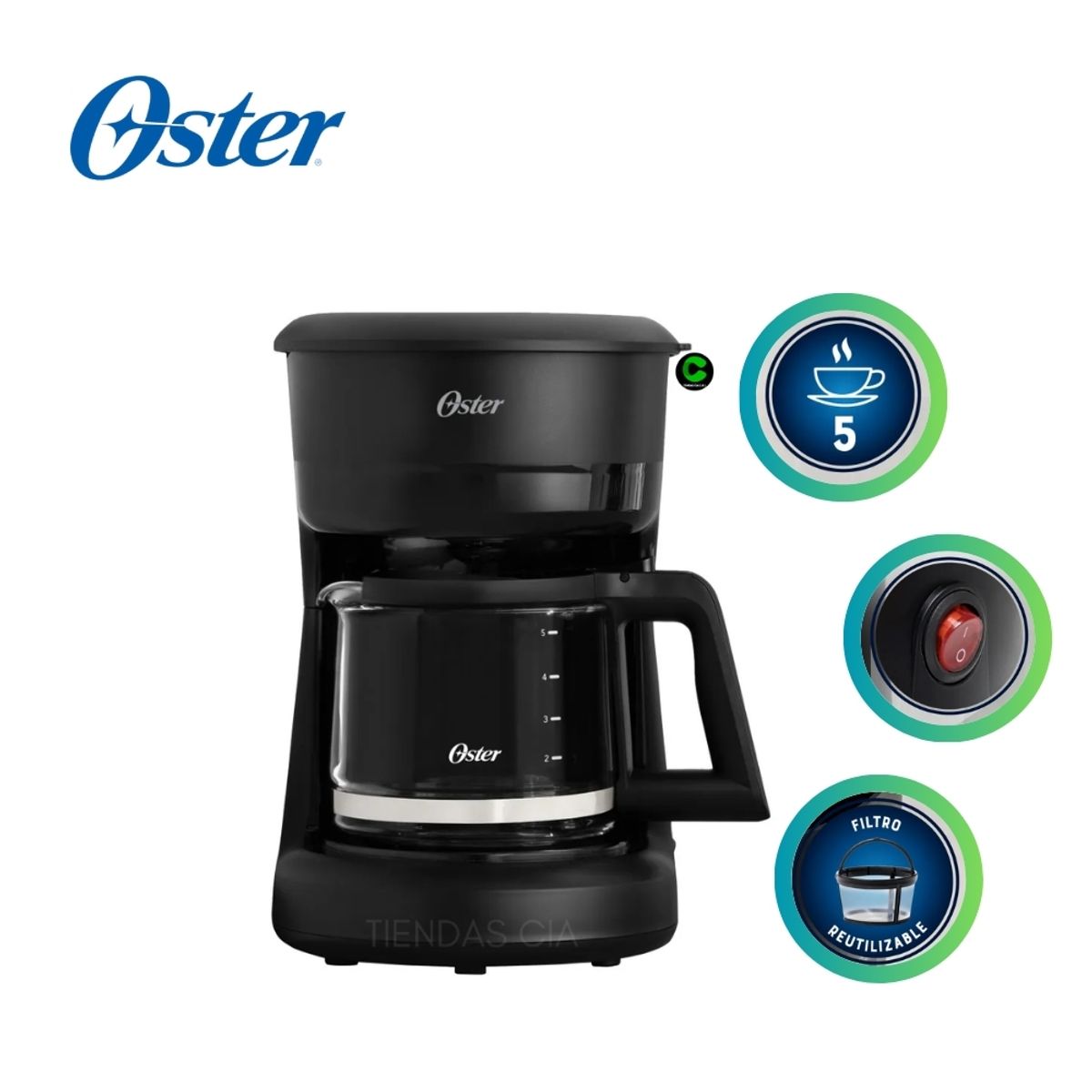 OSTER - Cafetera Oster de 5 Tazas, con Filtro Reutilizable, BVSTDCS51B