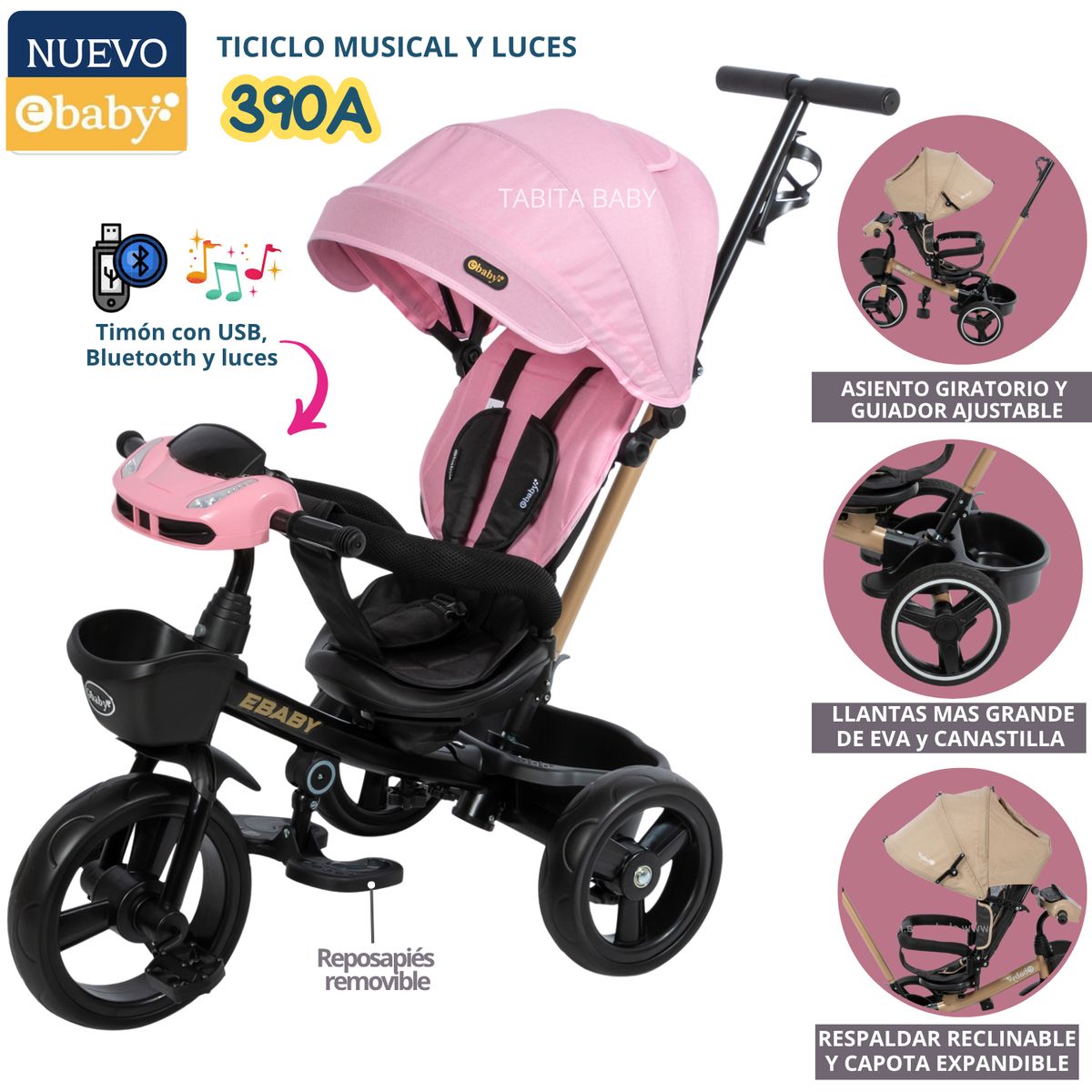 EBABY - Triciclo Musical y luces para niños 390A Rosado EBABY