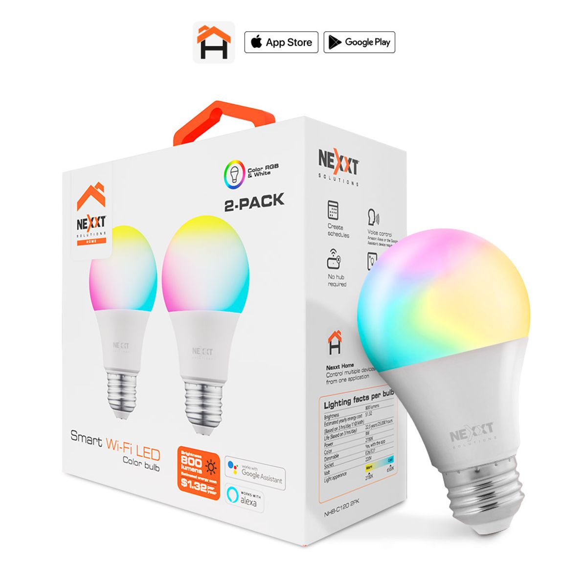 NEXXT SOLUTIONS - Foco Led Inteligente NEXXT CON LUZ RGB - NHB C120M 2 PACK