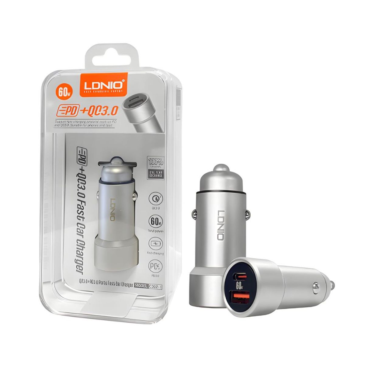 LDNIO - Cargador de auto 3.0 USB-Tipo C 60w con Cable Tipo C LDNIO c302-1