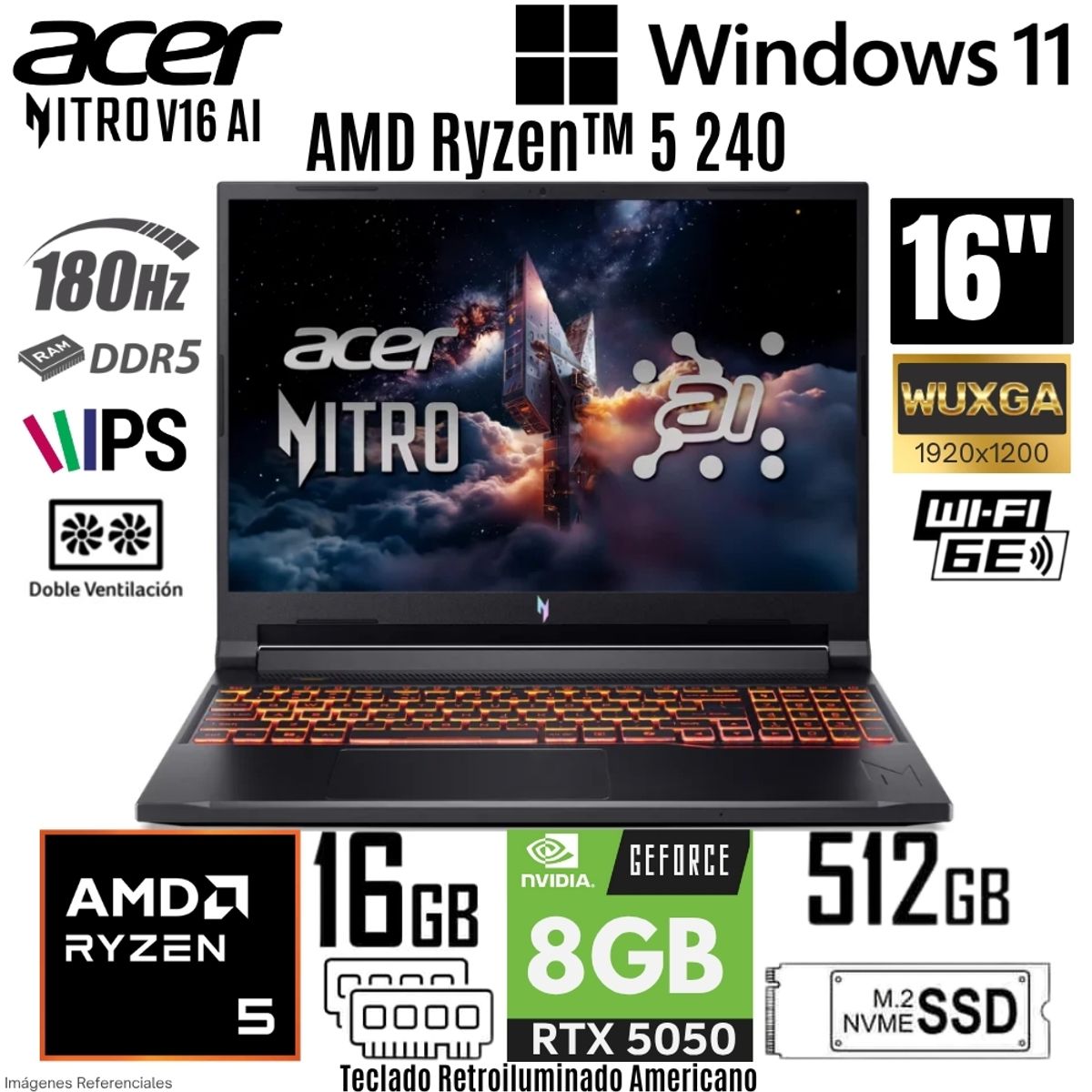 ACER - Laptop Acer Nitro V16 AI ANV16-42-R309 AMD Ryzen 5 240 16GB RAM 512GB SSD RTX 5050-8GB 16"  WUXGA