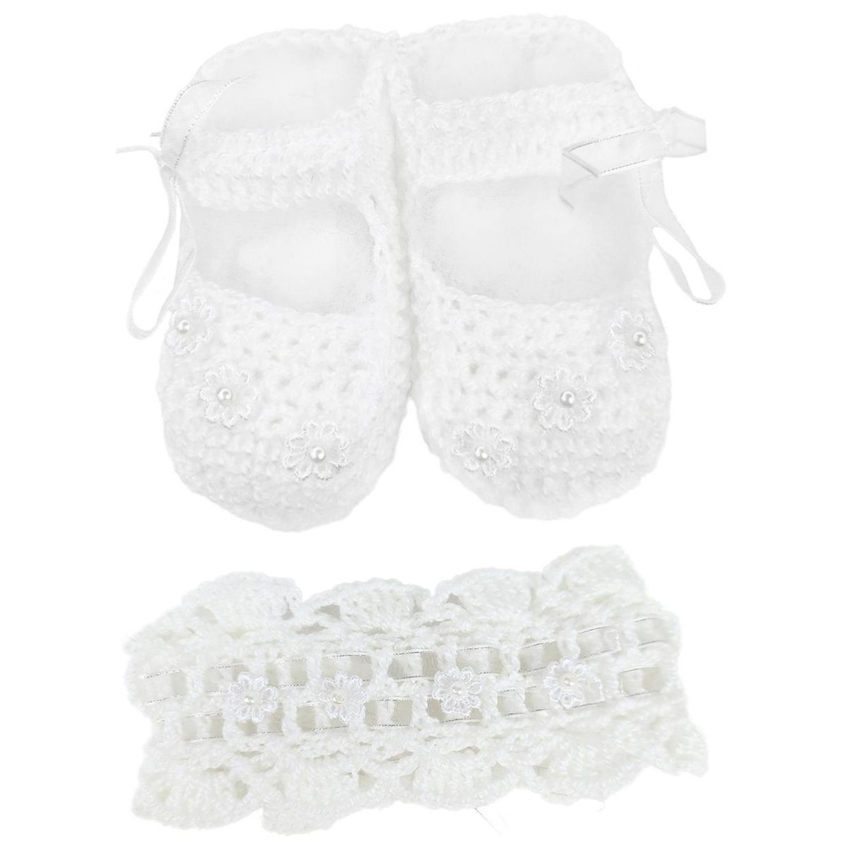 BABY MERINOS - Set Zapatitos y vincha - Hilo Algodón- Blanco