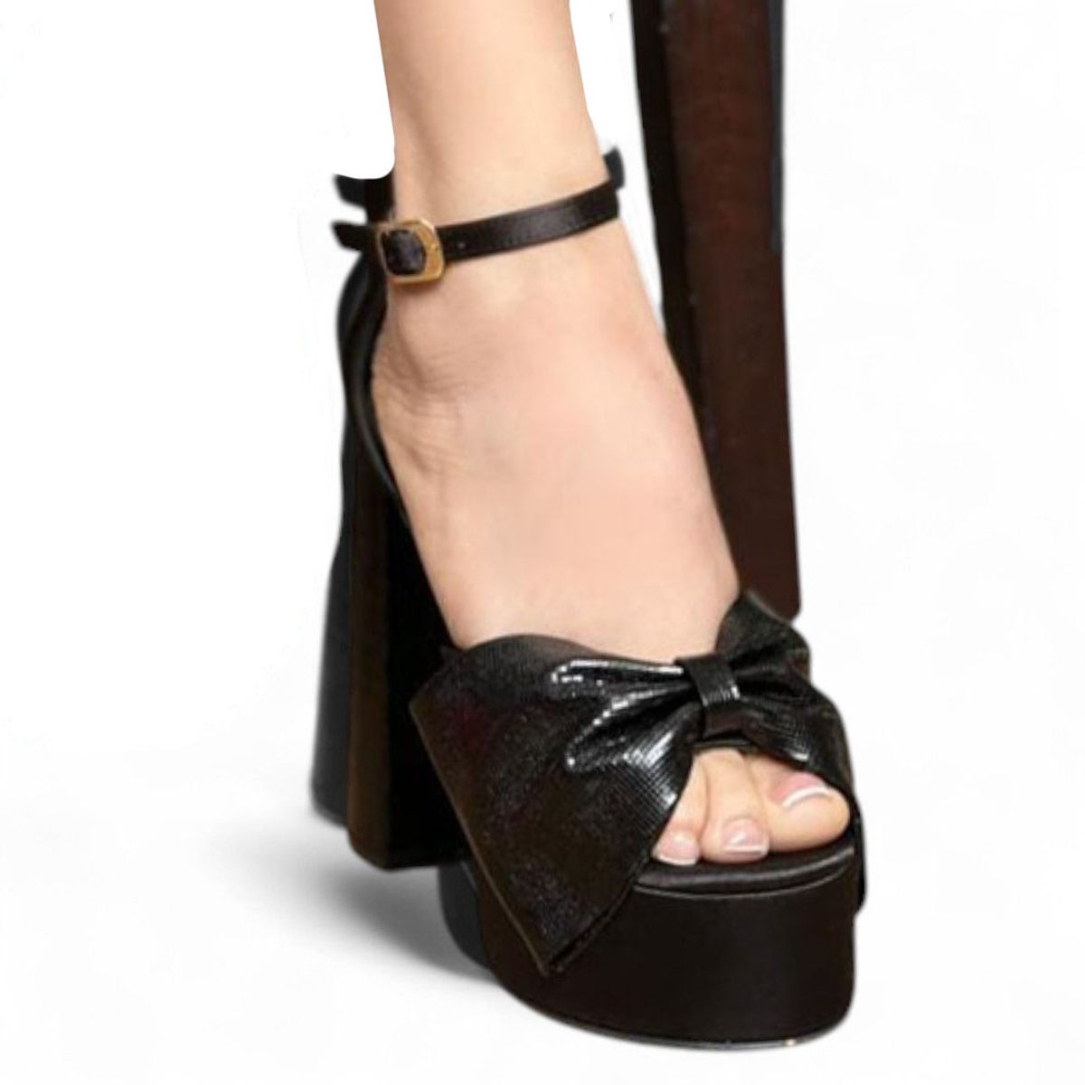 GENERICO - Sandalia Mujer Lujo Taco 15 Gliter Moño 2086L-82 Color Negro