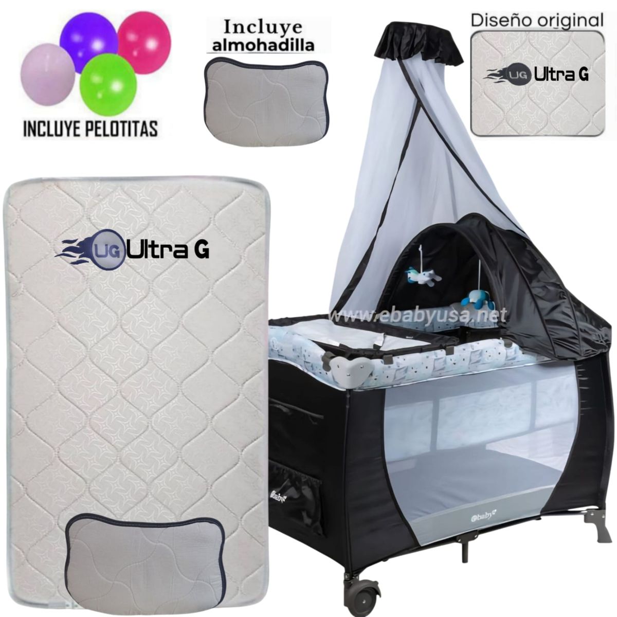 EBABY - Cuna Corral Mecedora SALLY 716-B+ Colchón