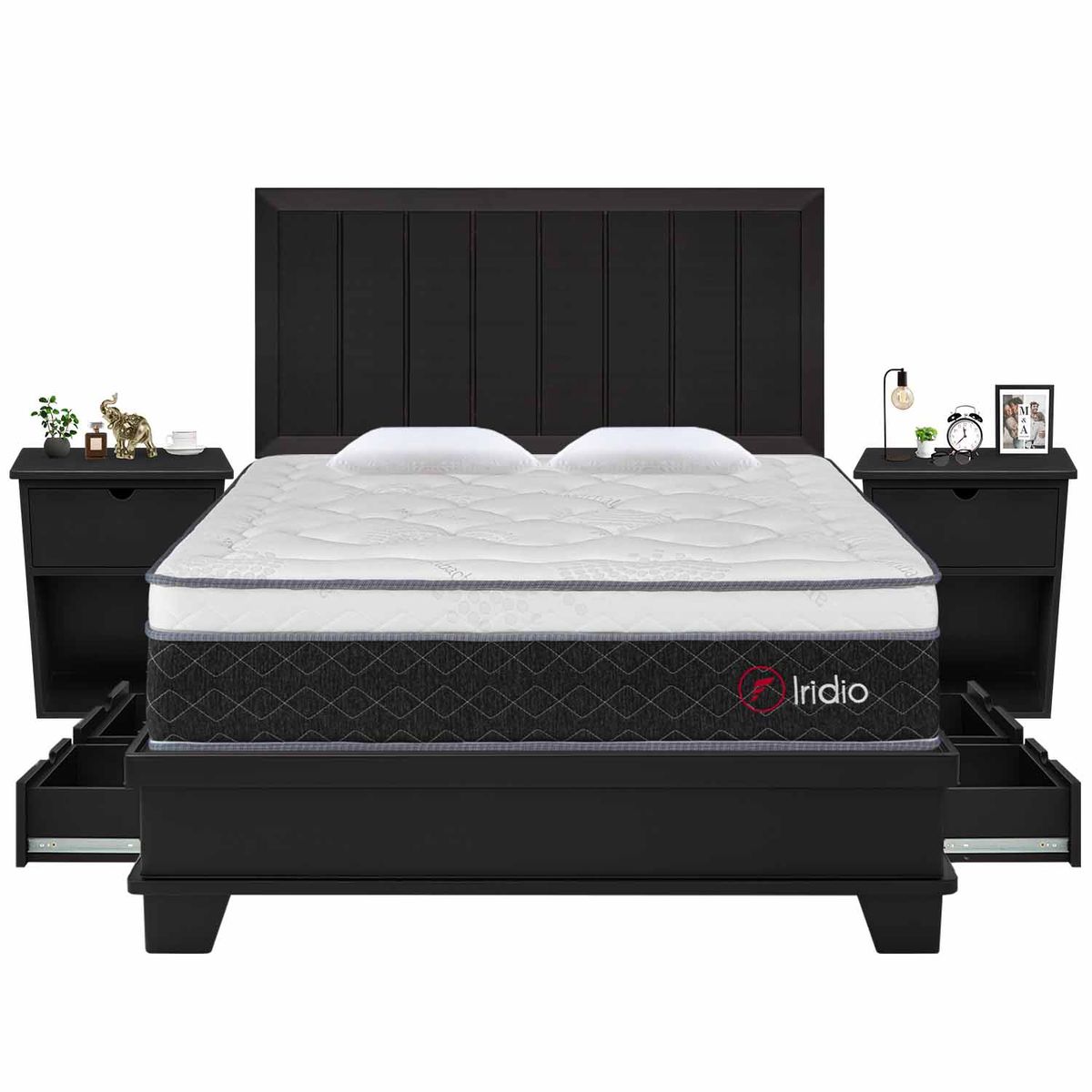 FORLI - Dormitorio 4 Cajones con Sistema de Encaje Iridio 2 Plazas + 2 Veladores