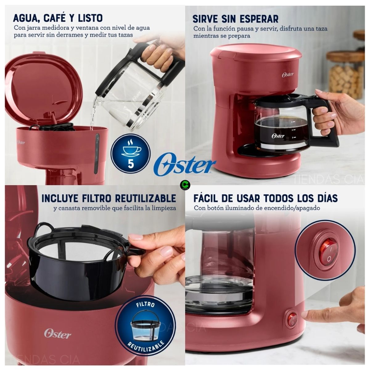 OSTER - Oster Cafetera 5 Tazas de Capacidad, con Filtro Reutilizable, BVSTDCS51R