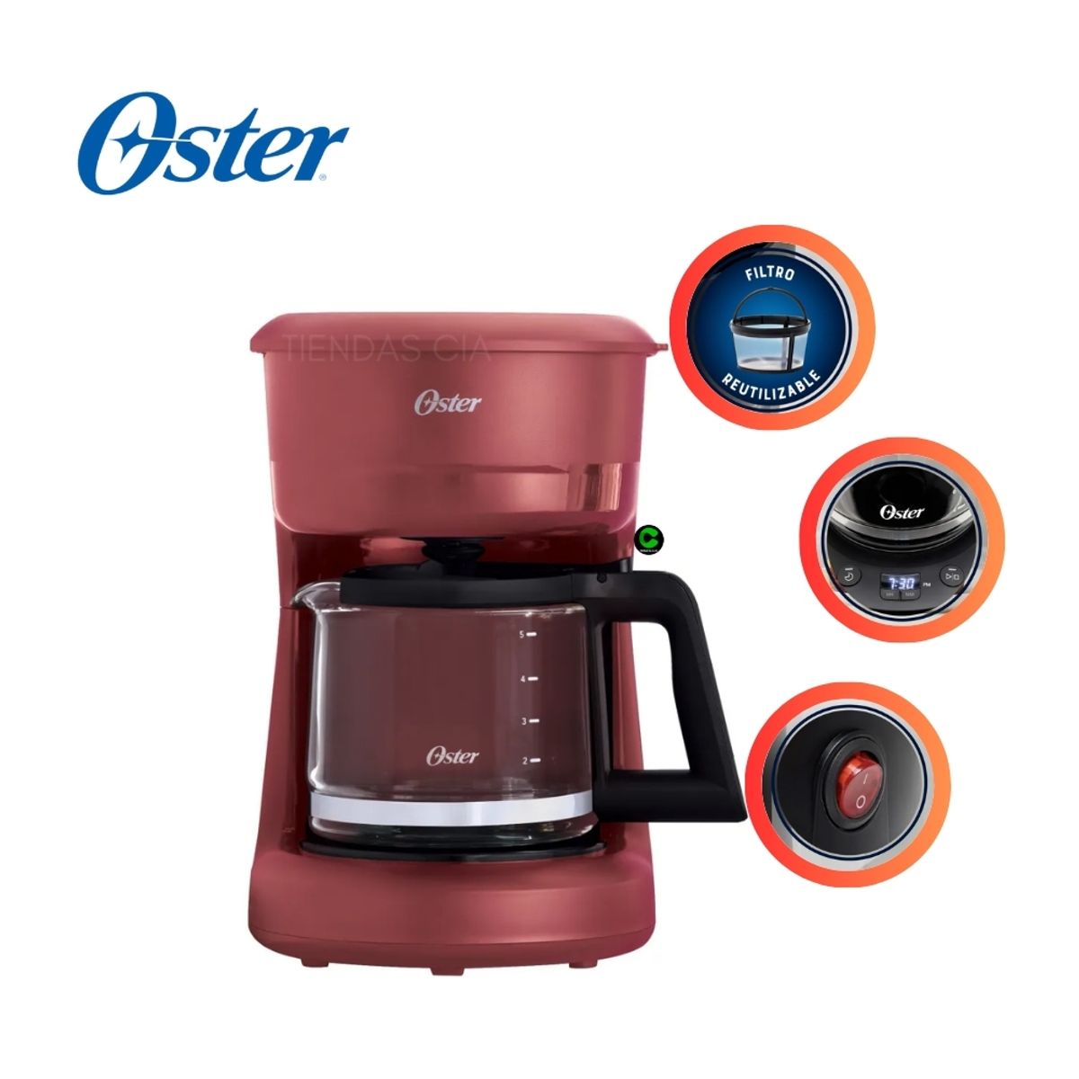 OSTER - Oster Cafetera 5 Tazas de Capacidad, con Filtro Reutilizable, BVSTDCS51R