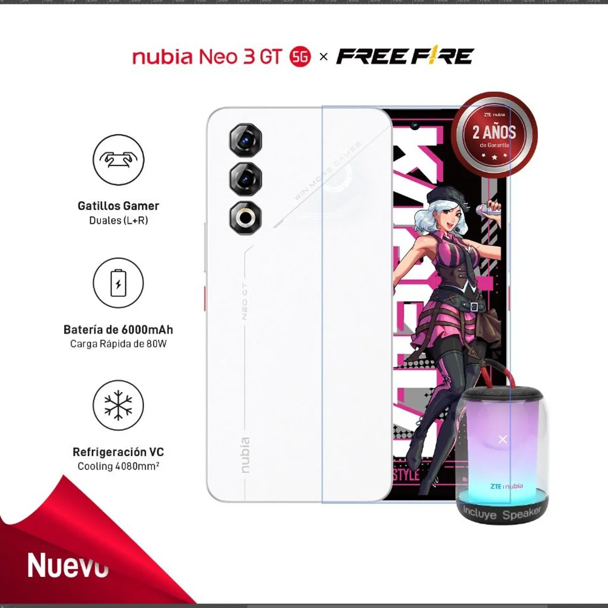 ZTE - ZTE NUBIA NEO 3 GT 5G (12+12GB)+512GB  (versión FreeFire) - BLANCO + Gift Speaker