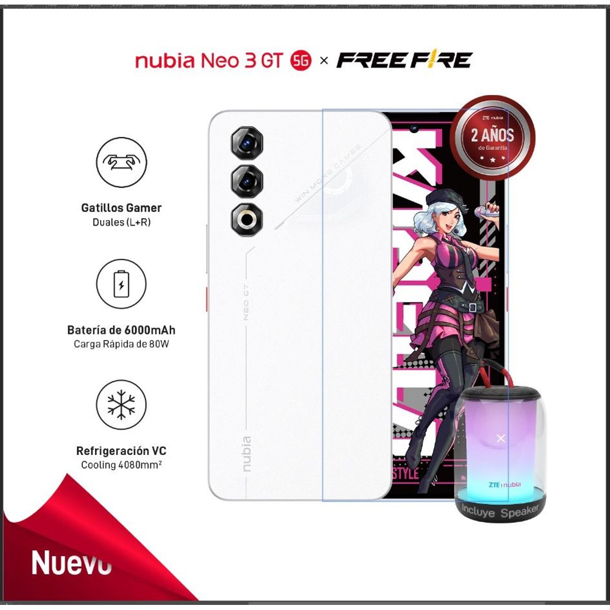 ZTE - ZTE NUBIA NEO 3 GT 5G (12+12GB)+512GB  (versión FreeFire) - BLANCO + Gift Speaker