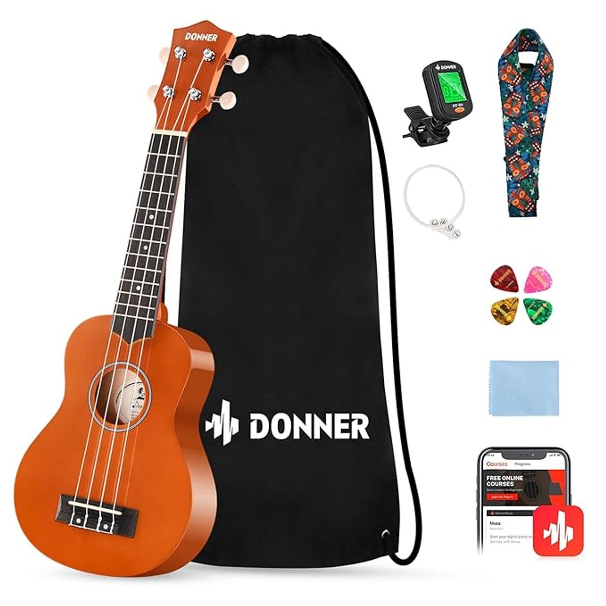 DONNER - Paquete de ukelele soprano Donner DUS-10M Rainbow Series con funda correa cuerdas afinador púas paño de limpieza