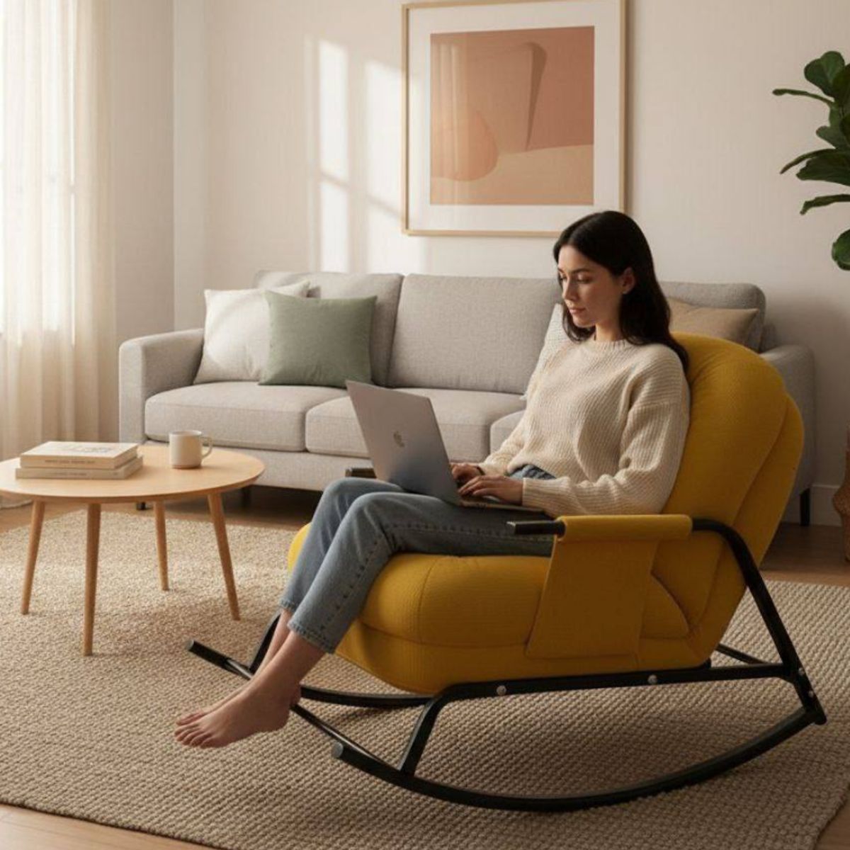 GENERICO - SILLA MECEDORA SOFÁ RECLINABLE SILLÓN PLEGABLE TERRAZA JARDÍN SALA PREMIUM CAMELL