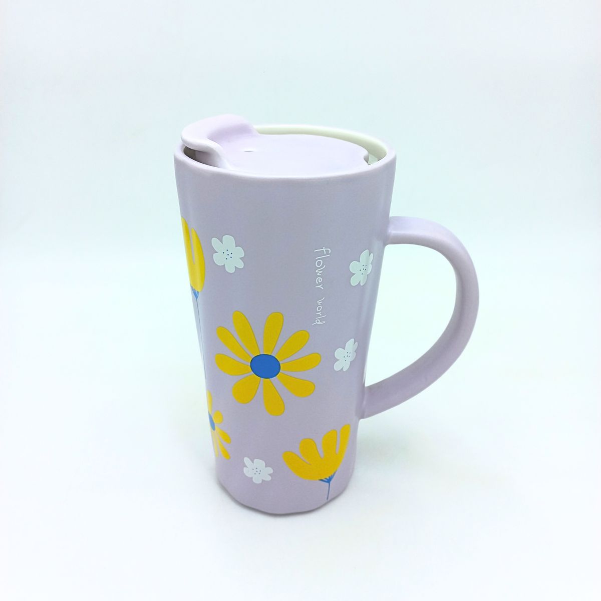 GENERICO - Taza de Cerámica Grande con Diseño de Flores y Tapa  Color Lila