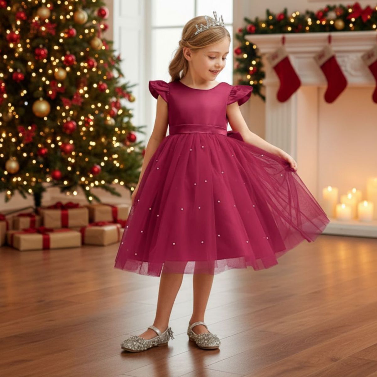 GENERICO - VESTIDO DE NAVIDAD PARA NIÑA - CON DETALLE DE PERLITAS - MODELO ELEGANTE