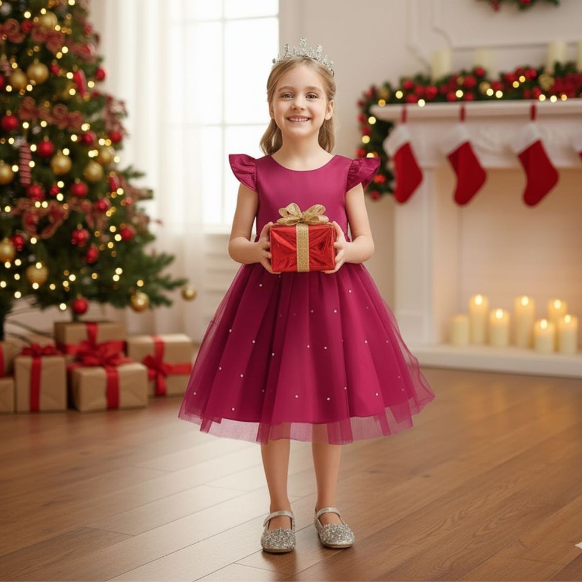 GENERICO - VESTIDO DE NAVIDAD PARA NIÑA - CON DETALLE DE PERLITAS - MODELO ELEGANTE