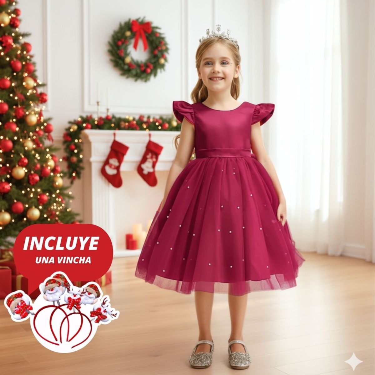 GENERICO - VESTIDO DE NAVIDAD PARA NIÑA - MODELO ELEGANTE CON DETALLE DE PERLITAS