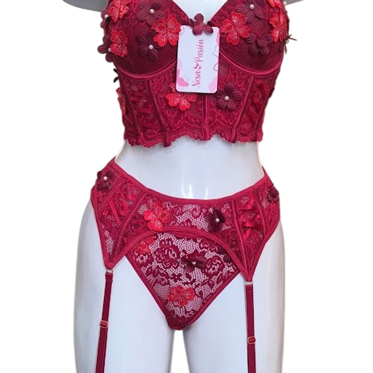 GENERICO - CORSET LENCERIA DE ENCAJE CON VARILLAS Y MEDIAS