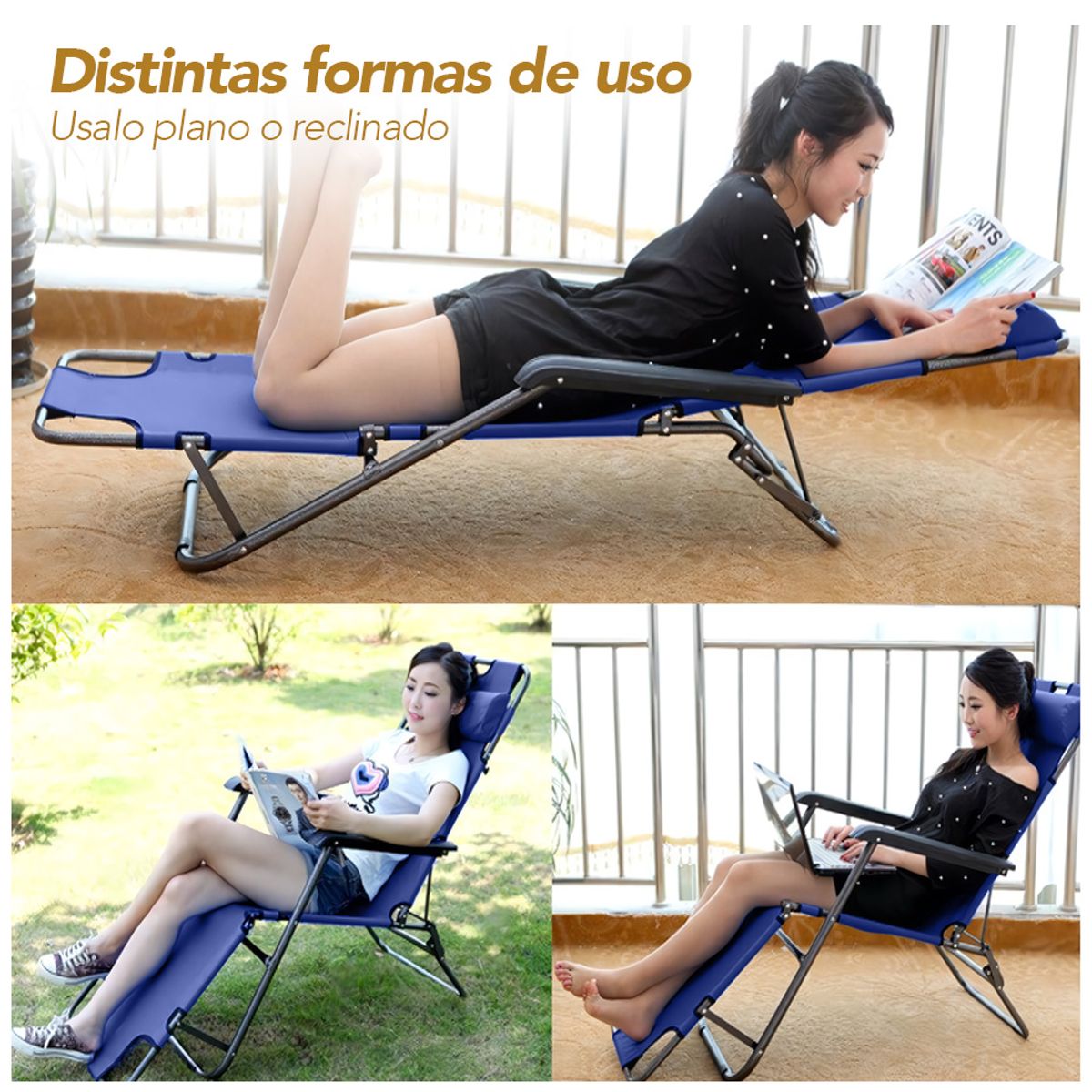 KELLER - Silla Camping Reclinable 180° Plegable Azul HN3