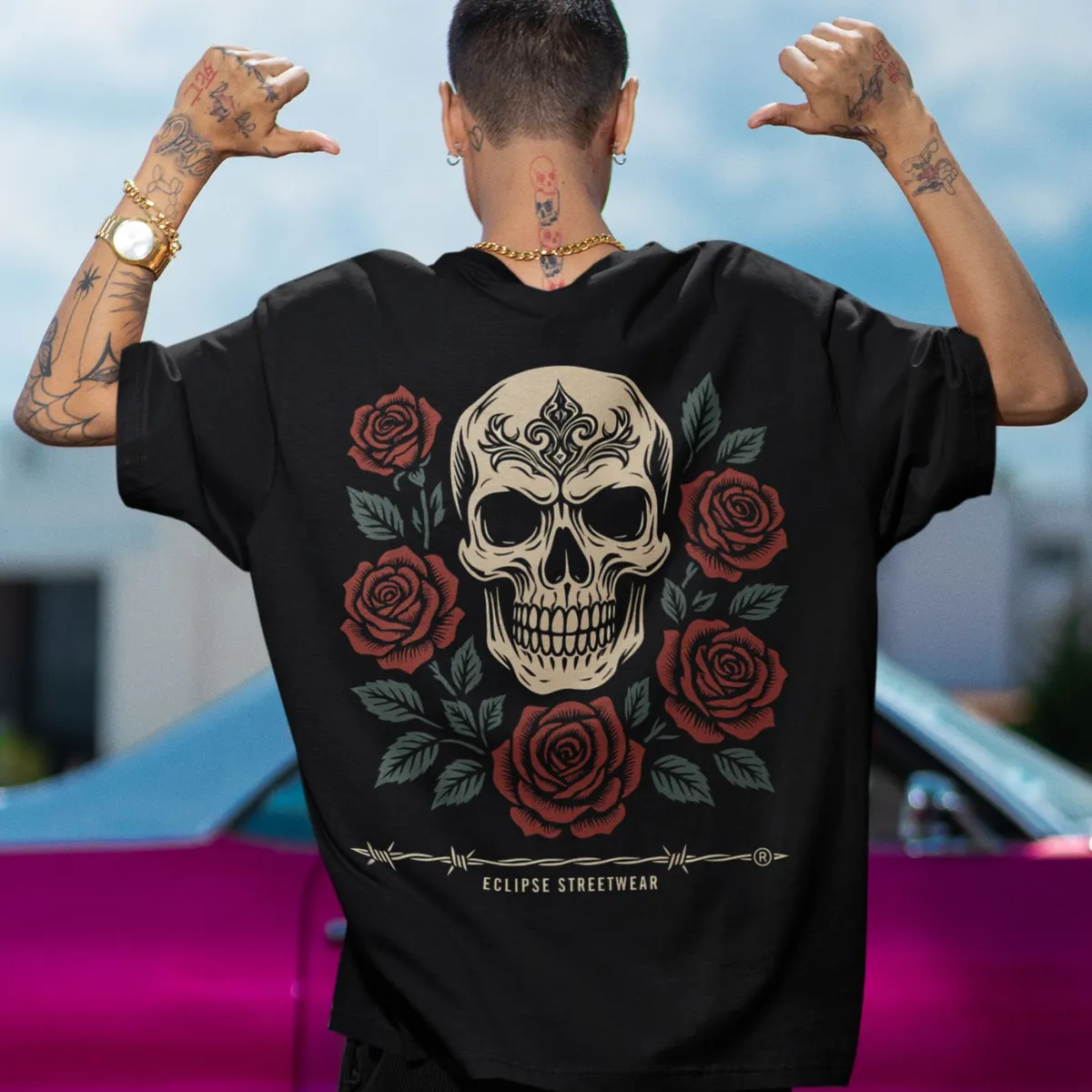 GENERICO - Polo oversize Calavera Rosas Hombre